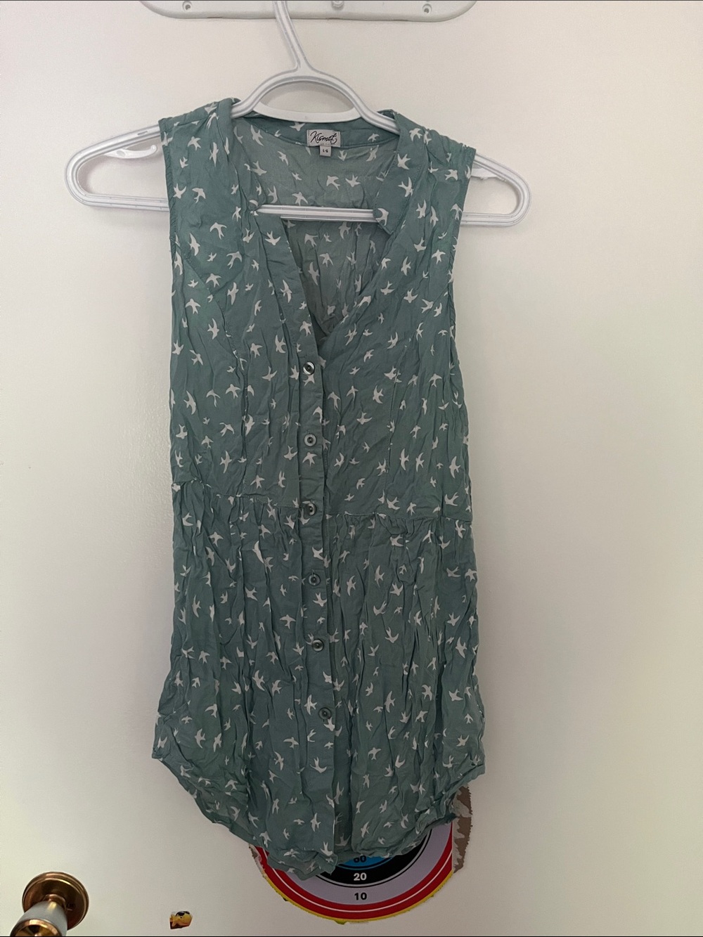 Kismet Sage Green Sleeveless Button-Front Tunic with Bird Print